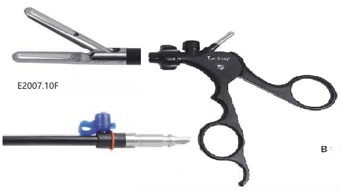 Затискач ухоплюючий атравмат, міжзубцева порожнина-вікончата, одна рух частина, оберт 360 град, діам 5 мм, дов 330 мм, довж бранш 22 мм